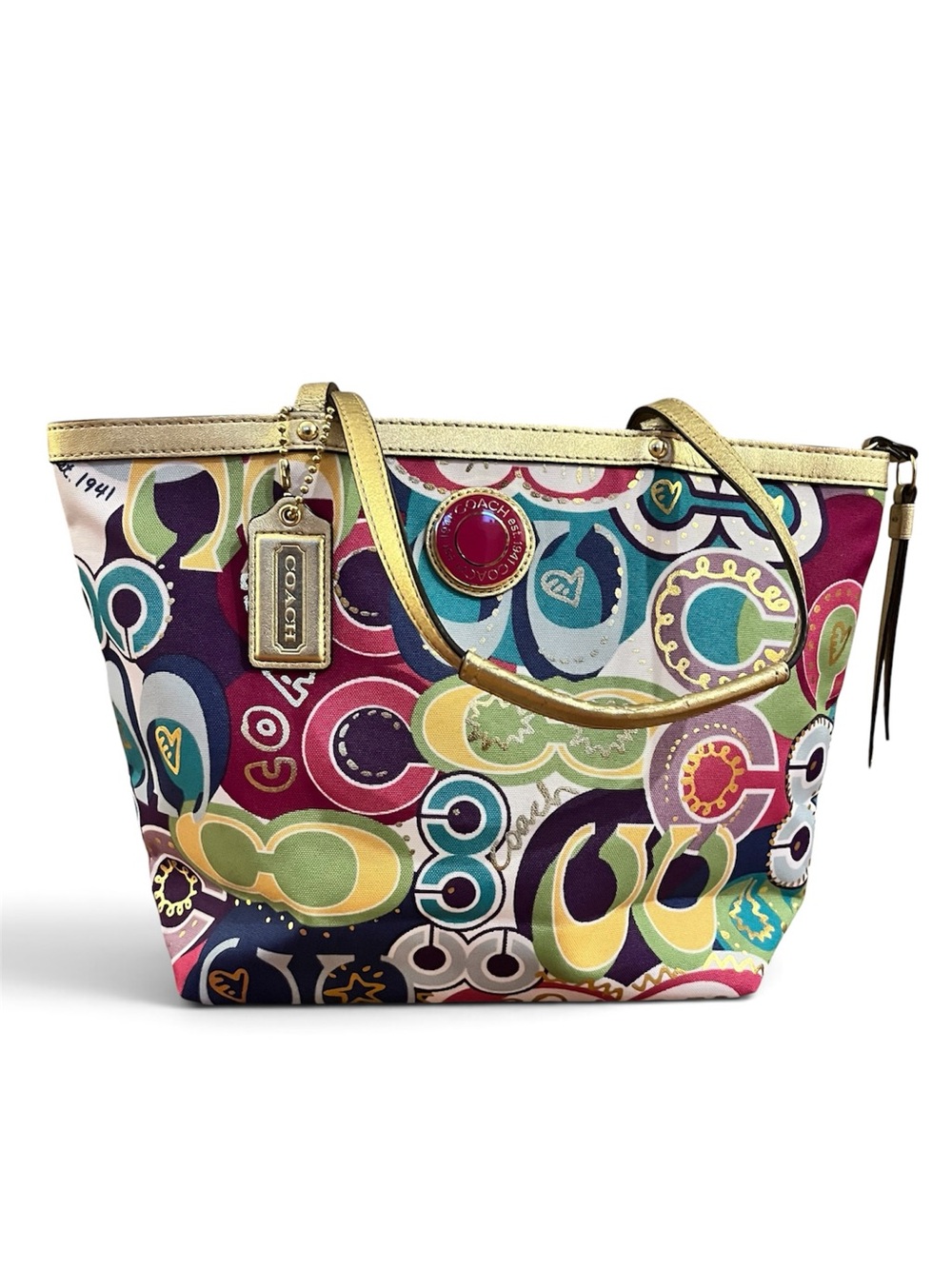 Coach Poppy Signature C Tote Graffiti Gold Trim, Hangtag, 2 Purse Scarves - Picture 15 of 15